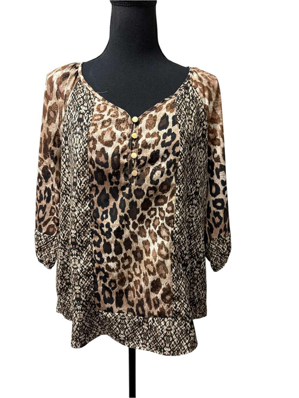 Notations Leopard Print Blouse Mixed Animal 3/4 Sleeve Boho Top Medium